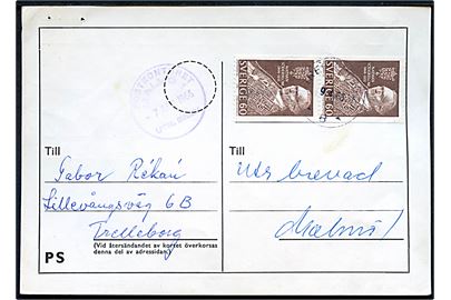 Portoregning på 1,20 kr. for 2 underfrankerede breve til Ungarn fra Postkontoret Malmö Utr. Brev. d. 7.4.1966 til Trelleborg. Påsat 60 öre Söderblom i parstykke stemplet Trelleborg d. 9.4.1966.