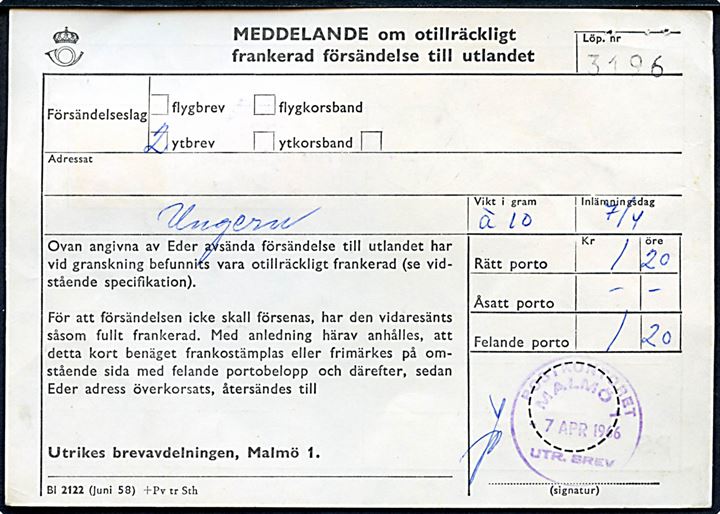 Portoregning på 1,20 kr. for 2 underfrankerede breve til Ungarn fra Postkontoret Malmö Utr. Brev. d. 7.4.1966 til Trelleborg. Påsat 60 öre Söderblom i parstykke stemplet Trelleborg d. 9.4.1966.