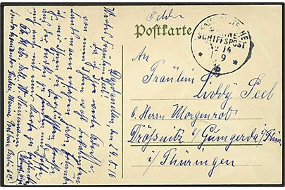 Ufrankeret marine-feldpost brevkort stemplet Kais. Deutsche Marine-Schiffspost No. 14 d. 1.9.1916 til Drössnitz, Tyskland. Fra matros ombord på Dampfer Olga, Sonderkommando Türkei. 