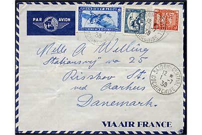 6 c. 10 c. Daglig udg. og 67 c. Luftpost på luftpostbrev fra Saigon d. 1.7.1939 til Risskov pr. Aarhus, Danmark. 