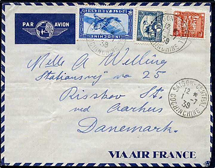 6 c. 10 c. Daglig udg. og 67 c. Luftpost på luftpostbrev fra Saigon d. 1.7.1939 til Risskov pr. Aarhus, Danmark. 