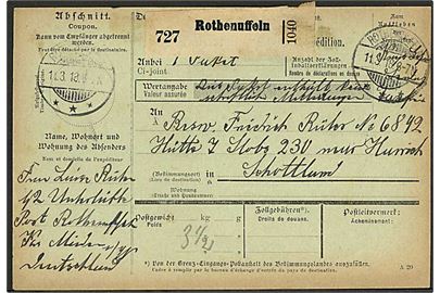 Ufrankeret adressekort for krigsfange-pakke fra Rothenuffeln d. 11.3.1918 til tysk krigsfange i britisk lejr Stobs i Scotland.