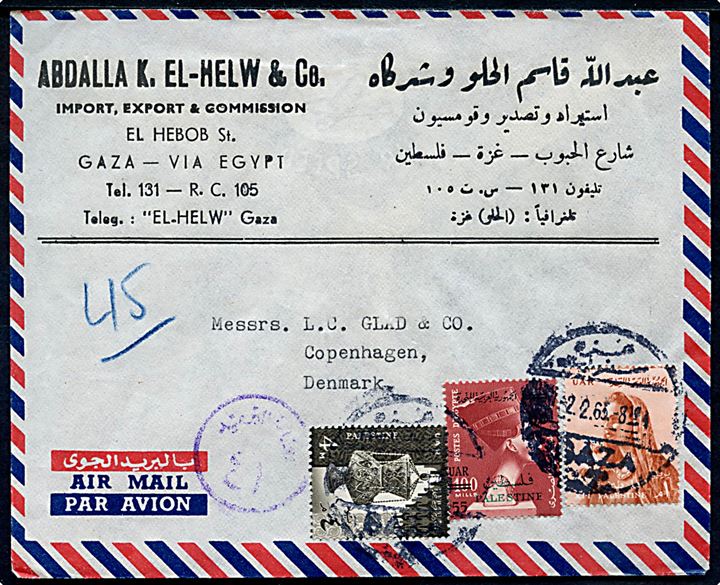 Egyptisk besat Palæstina. 1 m., 4 m. 1960 udg. og 55/10 m. Palestine Provisorium på luftpostbrev fra Gaza d. 2.2.1963 til København, Danmark. Egyptisk censur. 