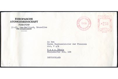 2,50 fr. frankofrankeret fortrykt kuvert fra Euroatom (= Det Europæiske Atomenergifællesskab) i Bruxelles d. 7.8.1959 til Bonn, Tyskland. 