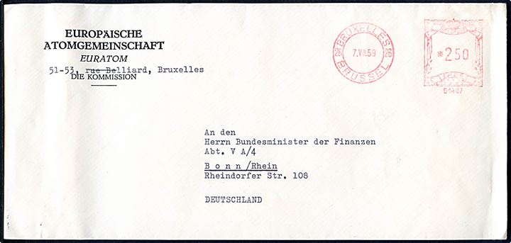 2,50 fr. frankofrankeret fortrykt kuvert fra Euroatom (= Det Europæiske Atomenergifællesskab) i Bruxelles d. 7.8.1959 til Bonn, Tyskland. 