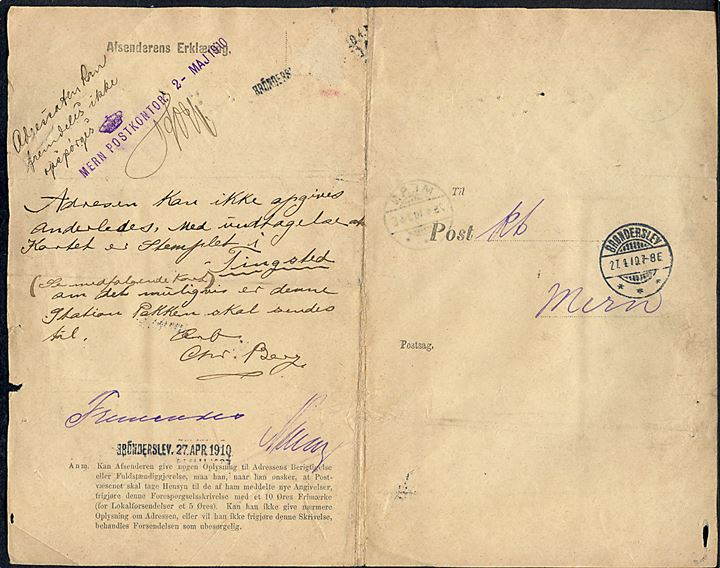 Forespørgsel - formular nr. 101 - fra Mern postkontor d. 25.4.1910 til Brønderslev vedr. uanbringelig pakke med postopkrævning. Tilbagesendt med afsenders erklæring om at adressen er korrekt.
