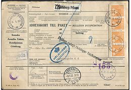 1 kr. Tre Kroner i 4-stribe på internationalt adressekort for pakke fra Göteborgs Frihamn d. 5.1.1952 via Malmö og København Told til Helsingør, Danmark.