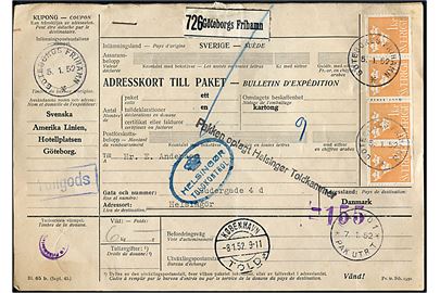 1 kr. Tre Kroner i 4-stribe på internationalt adressekort for pakke fra Göteborgs Frihamn d. 5.1.1952 via Malmö og København Told til Helsingør, Danmark.