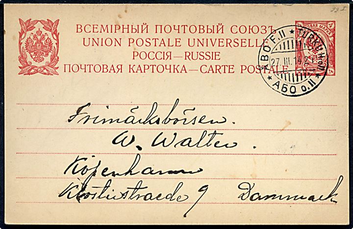 4 kop. russisk helsagsbrevkort anvendt i Finland og annulleret med 3-sproget stempel i Åbo d. 27.3.1914 til København, Danmark.