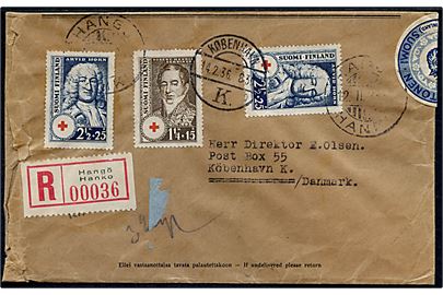 1 1/4 mk. + 15 pen. Rehbinder og 2½ mk. + 25 pen. Horn (2) Røde Kors statsmænd udg. på anbefalet brev fra Hangö d. 12.2.1936 til København, Danmark.