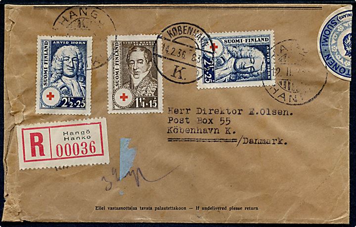 1 1/4 mk. + 15 pen. Rehbinder og 2½ mk. + 25 pen. Horn (2) Røde Kors statsmænd udg. på anbefalet brev fra Hangö d. 12.2.1936 til København, Danmark.