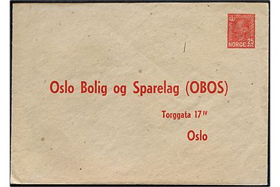 25 øre Haakon privat helsags svarkuvert til Oslo Bolig og Sparelag (OBOS) med ubenyttet spørgeskema dateret Oslo d. 31.8.1951. Ubrugt.