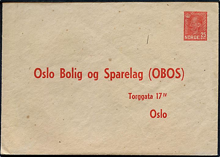 25 øre Haakon privat helsags svarkuvert til Oslo Bolig og Sparelag (OBOS) med ubenyttet spørgeskema dateret Oslo d. 31.8.1951. Ubrugt.