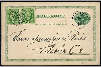 5 öre Tre Kroner helsagsbrevkort opfrankeret med 5 öre Oscar II i parstykke fra Ystad annulleret med bureaustempel PLK 123 (= Ystad - Malmö) d. 24.12.1910 til Berlin, Tyskland.