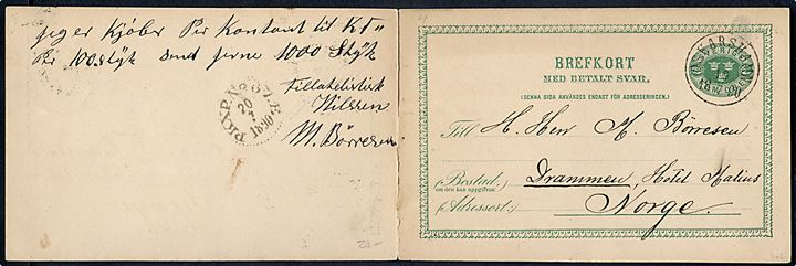 5+5 öre Tre Kroner Dobbelt helsagsbrevkort først sendt fra Oskarshamn d. 19.7.1890 til Drammen, Norge og besvaret fra Drammen d. 21.7.1890 til Oskarshamn, Sverige.