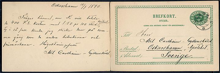 5+5 öre Tre Kroner Dobbelt helsagsbrevkort først sendt fra Oskarshamn d. 19.7.1890 til Drammen, Norge og besvaret fra Drammen d. 21.7.1890 til Oskarshamn, Sverige.
