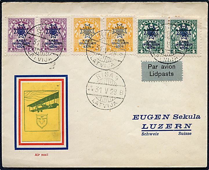 Komplet sæt Krigsinvalider prvisorium i parstykker på særlig luftpostkuvert fra Riga d. 31.5.1928 til Luzern, Schweiz.
