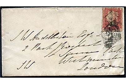 1d Victoria på brev annulleret med utydelige stempler og på bagsiden sidestemplet Antrim d. 26.8.1860 til London.