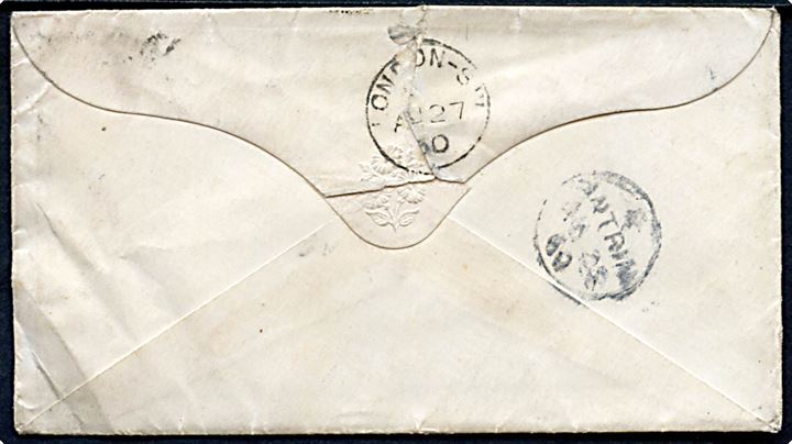 1d Victoria på brev annulleret med utydelige stempler og på bagsiden sidestemplet Antrim d. 26.8.1860 til London.