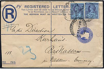 2d Victoria anbefalet helsagskuvert opfrankeret med 2½d Victoria (2) fra London d. 22.9.1898 til Nassau, Tyskland.
