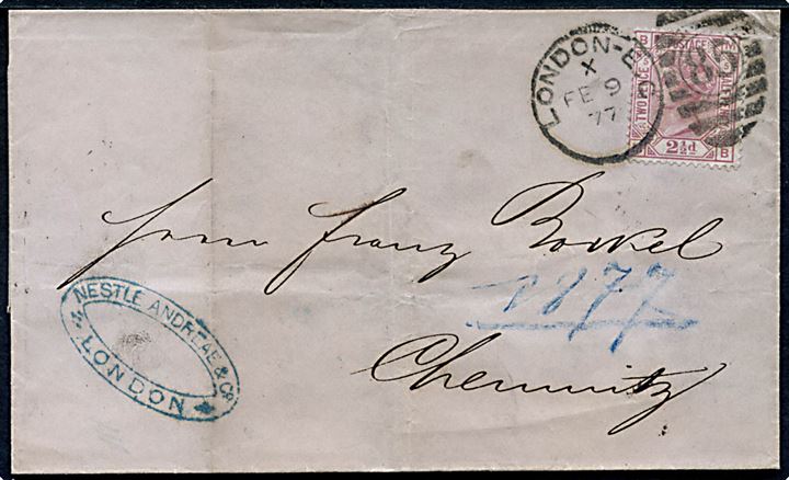 2½d Victoria pl. 5 single på brev annulleret med duplex stempel London - E.C./85 d. 9.2.1878 til Chemnitz, Tyskland.