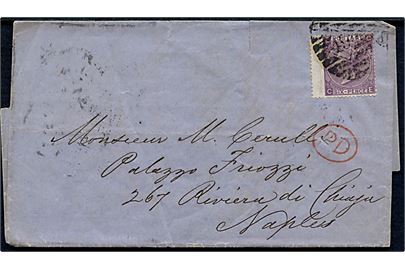 6d Victoria pl.6 single på brev fra London d. 13.11.1867 til Napoli, Italien.