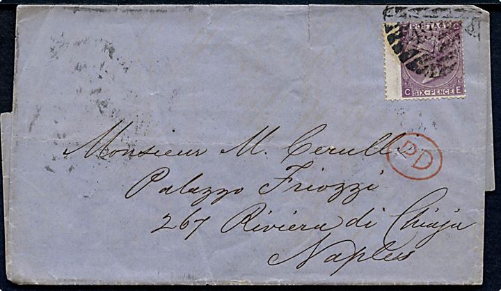 6d Victoria pl.6 single på brev fra London d. 13.11.1867 til Napoli, Italien.