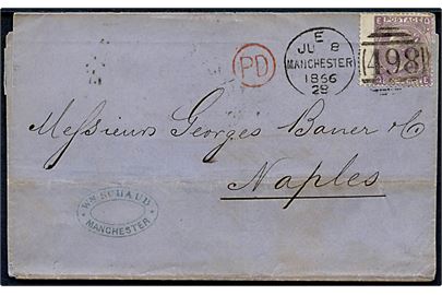 6d Victoria pl.5 single på brev annulleret med duplex Manchester/498 d. 8.6.1866 via London til Napoli, Italien.