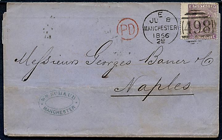 6d Victoria pl.5 single på brev annulleret med duplex Manchester/498 d. 8.6.1866 via London til Napoli, Italien.