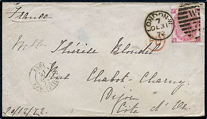 3d Victoria pl. 9 single på brev fra London d. 31.12.1872 via Calais til Dijon, Cote d'Or, Frankrig.