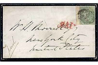 1 sh. Victoria 1856 udg. single på sørgebrev annulleret med nr.stempel 929 og på bagsiden sidestemplet Yeovil d. 3.1.1862 via London til New York, USA. Rødt stempel PAID. 