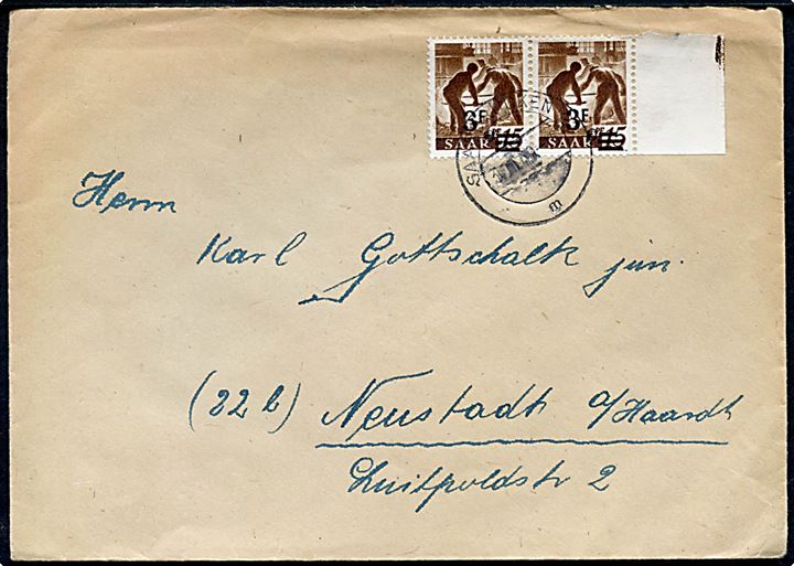 3 fr/15 pfg. Provisorium i parstykke på brev fra Saarbrücken d. 3.6.1949 (?) til Neustadt.