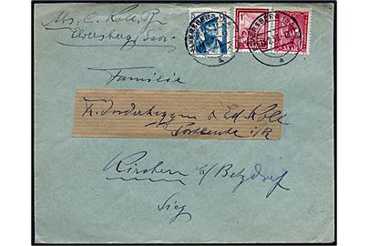 1 fr., 9 fr. og 15 fr. på blandingsfrankeret brev fra Elversberg d. 13.2.1950 til Kirchen b. Betzdorf.