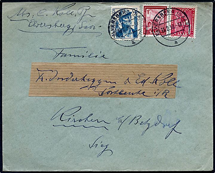 1 fr., 9 fr. og 15 fr. på blandingsfrankeret brev fra Elversberg d. 13.2.1950 til Kirchen b. Betzdorf.