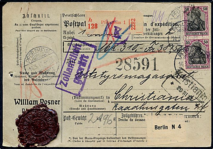 25 spg. og 50 pfg. (3) Germania på for- og bagside af internationalt adressekort for værdipakke fra Pforzheim d. 14.3.1917 til Christiania, Norge.