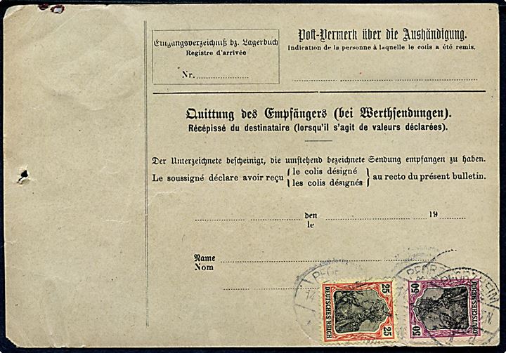 25 spg. og 50 pfg. (3) Germania på for- og bagside af internationalt adressekort for værdipakke fra Pforzheim d. 14.3.1917 til Christiania, Norge.