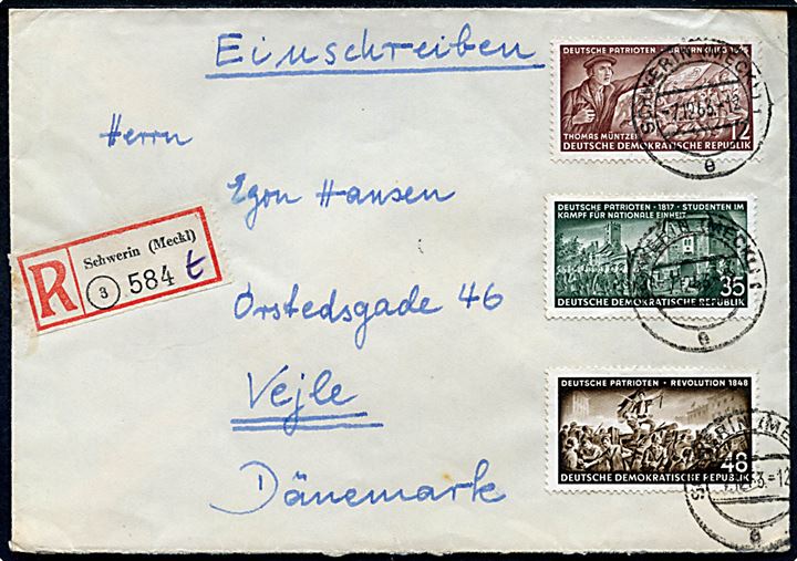 12 pfg., 35 pfg. og 48 pfg. Tyske Patrioter på anbefalet brev fra Schwerin d. 7.12.1953 til Vejle, Danmark.