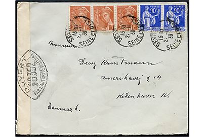 15 c. (3) og 90 c. på blandingsfrankeret brev stemplet Sevres d. 22.11.1939 til København, Danmark. Åbnet af fransk censor med stempel no. WB352 (= Dieppe)