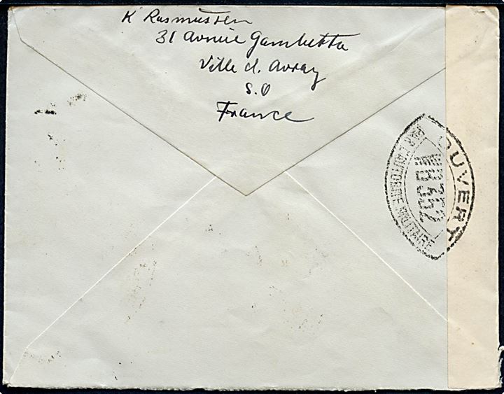 15 c. (3) og 90 c. på blandingsfrankeret brev stemplet Sevres d. 22.11.1939 til København, Danmark. Åbnet af fransk censor med stempel no. WB352 (= Dieppe)