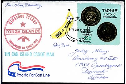 4 s. og 12 s. på Tin can Island Canoe Mail brev stemplet Niuafoou d. 21.2.1981 til København, Danmark.
