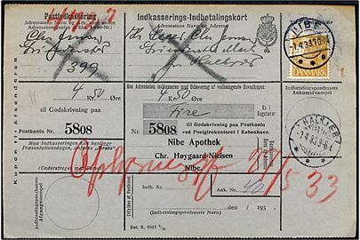 30 øre Karavel på retur Indkasserings-Indbetalingskort fra Nibe d. 1.4.1933 til Halkjær.