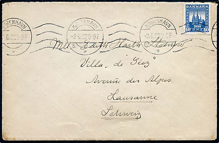 40 øre Genforening single på brev fra København d. 2.6.1922 til Lausanne, Schweiz.