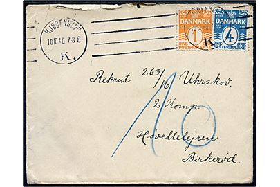 1 øre og 4 øre Bølgelinie på underfrankeret brev fra Kjøbenhavn d. 10.10.1916 til rekrut i Høveltelejren pr. Birkerød. Udtakseret i 10 øre porto.