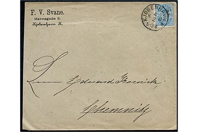 20 øre Våben single på brev fra Kjøbenhavn d. 4.2.1891 til Chemnitz, Tyskland.