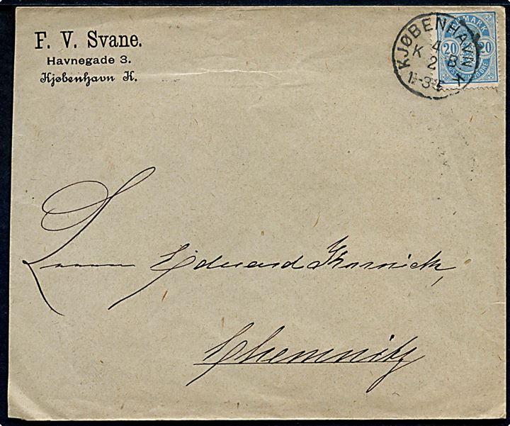 20 øre Våben single på brev fra Kjøbenhavn d. 4.2.1891 til Chemnitz, Tyskland.