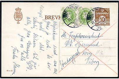 10 øre helsagsbrevkort (fabr. 98-H) opfrankeret med 5 øre Chr. X 60 år i parstykke sendt som søndagsbrevkort og annulleret med brotype Ia Nørre-Sundby JB.P.E. d. 14.2.1931 til Viborg.