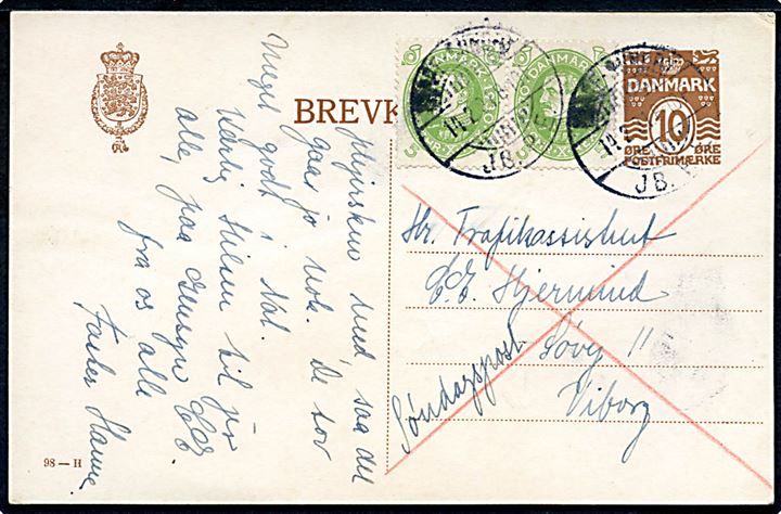 10 øre helsagsbrevkort (fabr. 98-H) opfrankeret med 5 øre Chr. X 60 år i parstykke sendt som søndagsbrevkort og annulleret med brotype Ia Nørre-Sundby JB.P.E. d. 14.2.1931 til Viborg.