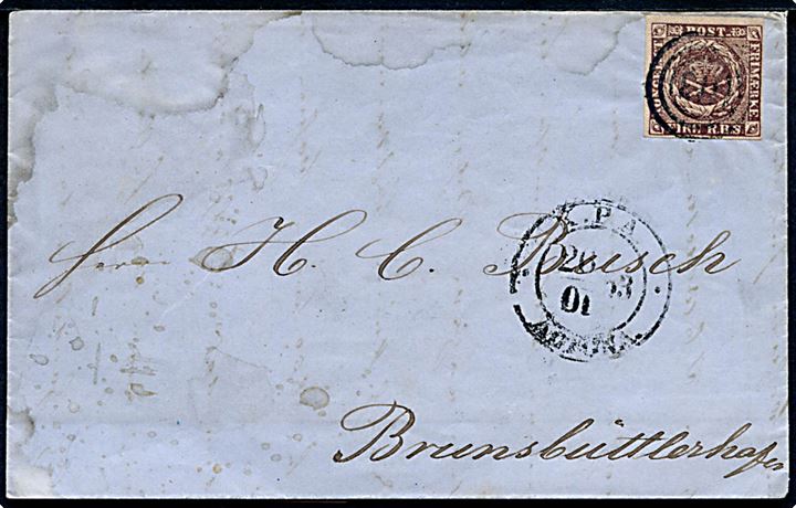 4 R.B.S. Thiele II på brev annulleret med nr.stempel 113 og sidestemplet antiqua K.P.A. Altona d. 26.10.1853 (omv. måned) til Brunsbüttler hafen. Mærke med fuld rand, men kuvert med skjolder.