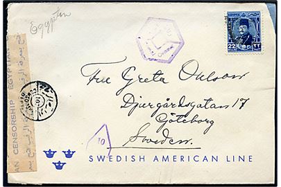 Egypten 22 mils på fortrykt kuvert fra Swedish America Line annulleret med stumt stempel ca. 1940 til Göteborg, Sverige. Åbnet af egyptisk censur.