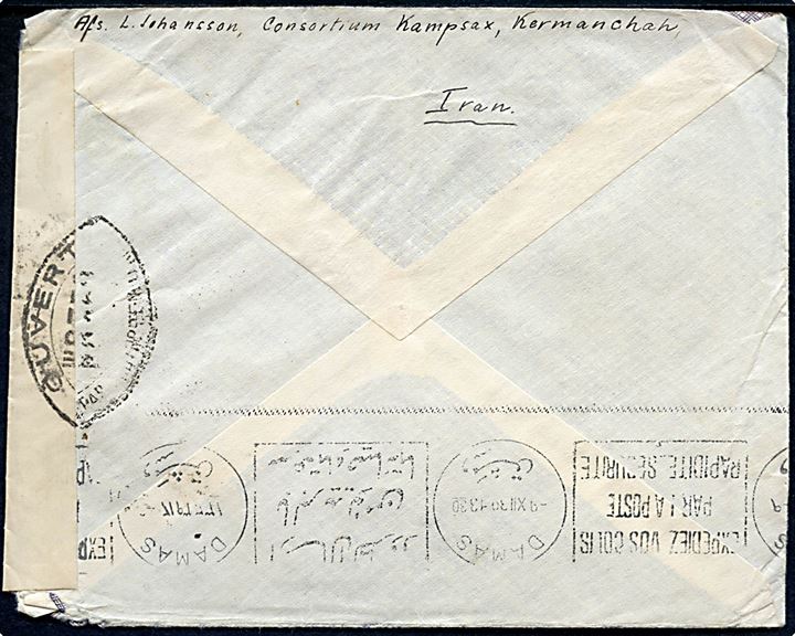 1,50 R. single på brev fra dansker ved Kampsax i Kermanchah stemplet i Teheran d. 3.12.1939 via Damaskus i Syrien og Frankrig til København, Danmark. Åbnet af fransk censur i Dieppe (WB352).